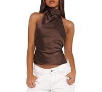 Women Silk Halter Neck Top Open Back Satin Vest Shirt Sleeveless Crop Backless Tank Going Out Tops(Basic Brown,L)