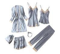 Women Silk Pyjama Set Clearance Sleepwear Girls Ladies Nightwear Satin Pajamas Lace Floral Nighties 7Pcs Robe Dressing Gown Nightdress With Chest Pad and Storage Bags - order a larger size