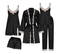 Women Silk Pyjama Set Satin Silk Pjs Sets Sleepwear Ladies 5 Piece Pajamas Set Floral Lace Trim Bathrobe Nightwear Short Robe Dressing Gown Nightdress Sexy Cami Bras Underwear Robes with Belt S-4XL