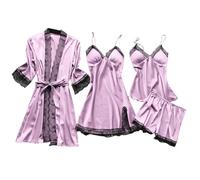 Women Silk Pyjama Set Sleepwear Girls Ladies Nightwear Satin Pajamas Lace Floral Nighties 5Pcs Robe Dressing Gown Nightdress Without Chest Pad (4A-Light Purple, XL)- a larger size