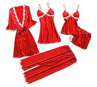 Women Silk Pyjama Set Sleepwear Girls Ladies Nightwear Satin Pajamas Lace Floral Nighties 5Pcs Robe Dressing Gown Nightdress Without Chest Pad (1A-Red, XL)- a larger size