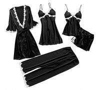 Women Silk Pyjama Set Sleepwear Girls Ladies Nightwear Satin Pajamas Lace Floral Nighties 5Pcs Robe Dressing Gown Nightdress Without Chest Pad (1A-Black, S)- a larger size