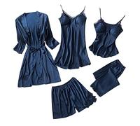 Women Silk Pyjama Set Sleepwear Girls Ladies Nightwear Satin Pajamas Lace Floral Nighties 5Pcs Robe Dressing Gown Nightdress Without Chest Pad (2A-Navy, XXL)- a larger size
