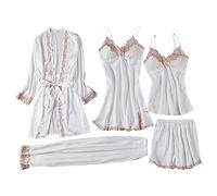 Women Silk Pyjama Set Sleepwear Girls Ladies Nightwear Satin Pajamas Lace Floral Nighties 5Pcs Robe Dressing Gown Nightdress Without Chest Pad White- a larger size