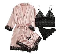 Women Silk Pyjama Sets Sleepwear Ladies 4 Piece Lace Satin Pajamas Floral Lace Trim Bathrobe Nighties Short Robe Dressing Gown Nightwear Sexy Sheer Cami Bras Underwear Robe with Belt Pink