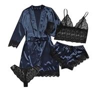 Women Silk Pyjama Sets Sleepwear Ladies 4 Piece Lace Satin Pajamas Floral Lace Trim Bathrobe Nighties Short Robe Dressing Gown Nightwear Sexy Sheer Cami Bras Underwear Robe with Belt