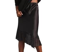 Women Silk Satin Half Slip Long Skirts Lace Trim Asymmetrical Maxi Skirt Elegant Silky Flowy A Line Midi Skirts, B-black, S
