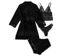 Women' Silk Satin Pajamas Set 4pcs Lingerie Floral Lace Sleepwear With Robe Satin Sleepwear Set for Women Women's Sleepwear Sexy Black