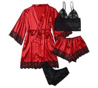 Women' Silk Satin Pajamas Set 4pcs Lingerie Floral Lace Sleepwear With Robe Satin Sleepwear Set for Women Women's Sleepwear Sexy Red