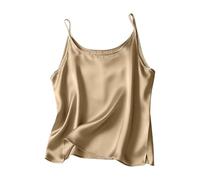 Women Silky Satin Vest Tops Sexy Spaghetti Strap Satin Camisole Comfortable Soft Round Neck Solid Color Loose Sleeveless Vest Top for Women Silk Ladies Satin Tank Tops Basic Silk Vest Shirt (Khaki, L)