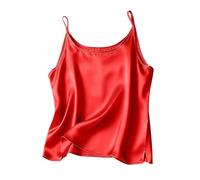Women Silky Satin Vest Tops Sexy Spaghetti Strap Satin Camisole Comfortable Soft Round Neck Solid Color Loose Sleeveless Vest Top for Women Silk Ladies Satin Tank Tops Basic Silk Vest Shirt (Red, L)