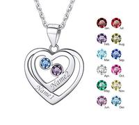 Women Silver Necklace with Heart Pendant and Birthstone Custom Name Mum Gifts January March June September Birthstone Necklace