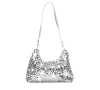 Women Simple Gold Plated Black Silver Glitter Sparkly Sequin Bag Shoulder Bag Elegant Bling Handbag for Party Bar, Silver
