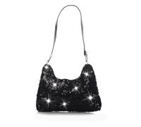 Women Simple Gold Plated Black Silver Glitter Sparkly Sequin Bag Shoulder Bag Elegant Bling Handbag for Party Bar, Black