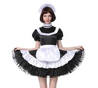 Women Sissy Maid Lockable Black Satin Dress Costume Crossdress Pleated Style (L)
