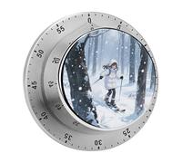 Women Skiing in The Snow Forest Mechanical Kitchen Timer 60 Minute Wind Up Countdown Clock with Magnetic Back Loud Alarm Stainless Steel Manual Timer for Cooking Baking Classroom Home Gym