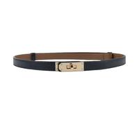 Women Skinny Leather Belt Classic Solid Color Alloy Turn Lock Ladies Adjustable Leather Belts For Dresses Jeans Pants Coat (Dark Blue/Gold)