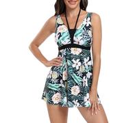 Women Skirted Swimwear Swimsuit One Piece Swim Dress Floral Print Swimming Dress with Shorts One Piece Swimming Costume for Women