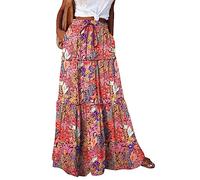 Women Skirts Elastic High Waist Maxi Skirts for Womens Paisley Boho Skirt Summer Printed Long Elegant A-Line Vacation Beach Skirt
