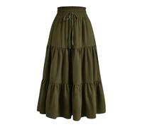 Women Skirts Solid Color Floral Drawstring Elasticated High Waist Midi Skirts for Women Vintage Skirt Summer Long Dresses Elegant A-Line Beach Skirt,Army Green,S,u398k