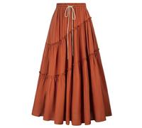 Women Skirts Vintage Tiered Swing Skirt Solid Casual Adjustable Drawstring Waist Maxi Skirt Large Hem Skirt-Burnt Orange-XXL