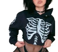 Women Skull Cropped Hoodie Skeleton Hooded Sweatshirt Y2k Gothic Grunge Steampunk Dark Academia Alt Emo Anime Short Pullover, Black, Medium