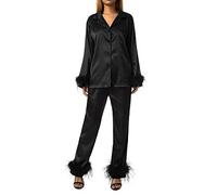Women Sleepwear, Feather Decoration Long Sleeve Button-Down Lapel Collar Tops + Pants Pajamas Set (Black, M)