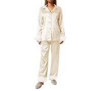 Women Sleepwear, Feather Decoration Long Sleeve Button-Down Lapel Collar Tops + Pants Pajamas Set (Champagne, S)