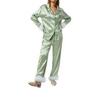 Women Sleepwear, Feather Decoration Long Sleeve Button-Down Lapel Collar Tops + Pants Pajamas Set (Green, M)