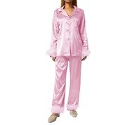 Women Sleepwear, Feather Decoration Long Sleeve Button-Down Lapel Collar Tops + Pants Pajamas Set (Pink, XL)