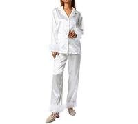 Women Sleepwear, Feather Decoration Long Sleeve Button-Down Lapel Collar Tops + Pants Pajamas Set (White, L)