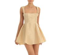 Women Sleeveless Bow Knot Tie Back Mini Dress Ruffle Ruched Strap Stain Graduation Dress Flowy Backless Short Party Dresses (A-Champagne, M)