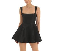 Women Sleeveless Bow Knot Tie Back Mini Dress Ruffle Ruched Strap Stain Graduation Dress Flowy Backless Short Party Dresses (A-Black, S)