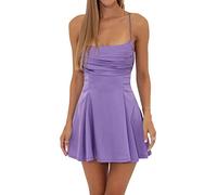 Women Sleeveless Bow Knot Tie Back Mini Dress Ruffle Ruched Strap Stain Graduation Dress Flowy Backless Short Party Dresses (D-Purple, M)