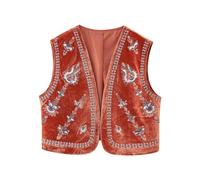 Women Sleeveless Cardigan Vest Waistcoat Beaded Embroidery Colorful Floral Open Front Jacket Boho Crop Top (E-Red, S)