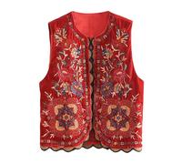 Women Sleeveless Cardigan Vest Waistcoat Beaded Embroidery Colorful Floral Open Front Jacket Boho Crop Top (C-Red, L)