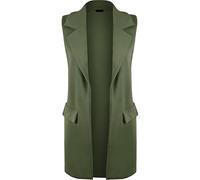 Women Sleeveless Crepe Mock Open Long Waistcoat Ladies Winter Wear Italian Style Flap Pockets Top Jacket Khaki UK 16-18