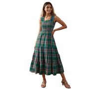 Women Sleeveless Dress Summer Casual Plaid Print Ruffled Square Neck A-Line Flowy Dress Beach Sundress Streetwear (A-Green, L)