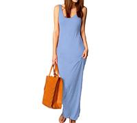 Women Sleeveless High Stretch Robe O-Neck Bodycon Long Dress Ladies Solid Slim Maxi Dresses Light Blue