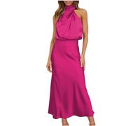 Women Sleeveless Mock Neck Cocktail Dresses Keyhole Elastic Waist Party Wedding Guest Satin High Split Maxi Dress Elegant Halter Neck Bridesmaid Evening Long Dresses Sale Clearance