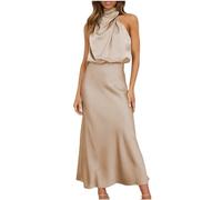 Women Sleeveless Mock Neck Cocktail Dresses Keyhole Elastic Waist Party Wedding Guest Satin High Split Maxi Dress Elegant Halter Neck Bridesmaid Evening Long Dresses Clearance