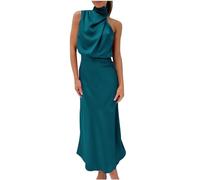 Women Sleeveless Mock Neck Cocktail Dresses Keyhole Elastic Waist Party Wedding Guest Satin High Split Maxi Dress Elegant Halter Neck Bridesmaid Evening Long Dresses Clearance
