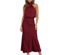 Women Sleeveless Mock Neck Cocktail Dresses Keyhole Elastic Waist Party Wedding Guest Satin High Split Maxi Dress Elegant Halter Neck Bridesmaid Evening Long Dresses Clearance
