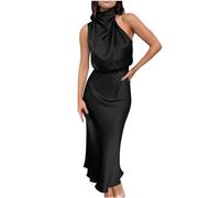 Women Sleeveless Mock Neck Cocktail Dresses Keyhole Elastic Waist Party Wedding Guest Satin High Split Maxi Dress Elegant Halter Neck Bridesmaid Evening Long Dresses Clearance