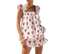 Women Sleeveless Pyjama Sets Ruffle Top and Shorts 2 Piece Nightwear Lounge Cute Ladies Pjs Set Y2K Going Out Outfit (B White, XL)