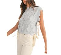 Women Sleeveless Side Tie Sweater Mock Neck Scalloped Short Sleeve Knit Vest Y2k Side Slit Crochet Aesthetic Tank Top (Light Blue, L)