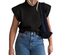 Women Sleeveless Turtleneck Sweater Vest Shoulder Pad Sweater Top Casual Solid Knitted Wide Shoulder Tank Jumpers Pullovers (Black, Large)