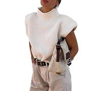 Women Sleeveless Turtleneck Sweater Vest Shoulder Pad Sweater Top Casual Solid Knitted Wide Shoulder Tank Jumpers Pullovers (White, Small)