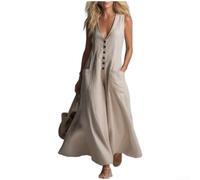 Women Sleeveless V Neck Button Long Dress With Pockets A Line Solid Color Casual Summer Spring Maxi Dress For Daily Travel Beach Party Work Street Elegant Refined Style Khaki(S Khaki Color)