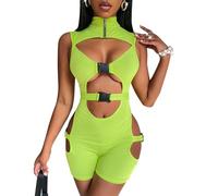 Women Sleevesless Jumpsuit Bodycon Buckle Romper Sexy Hollowing Out Bodysuit Short Jumpsuit Pants (Fluorescent Green, S)